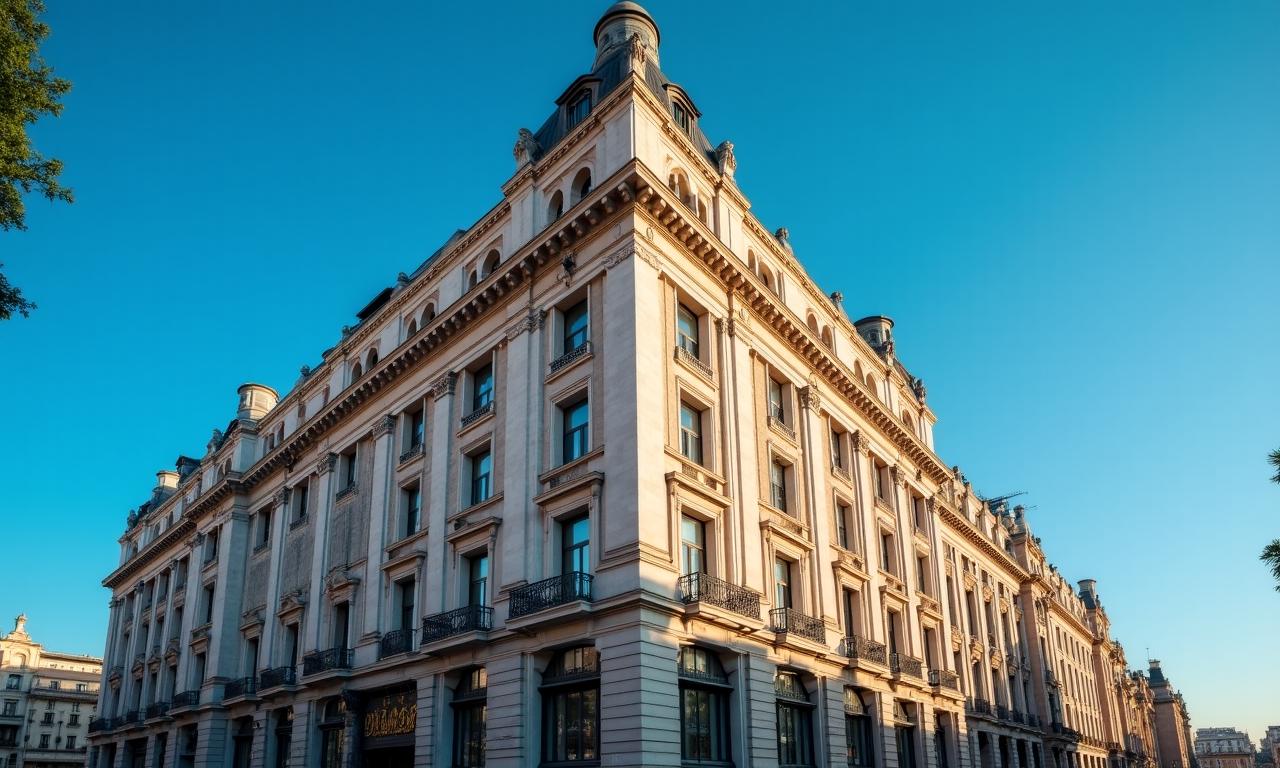 Fachada de edificio institucional en Madrid con cielo despejado